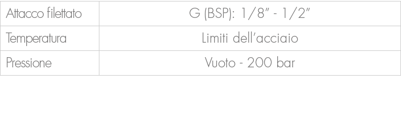 Attacco filettato,G (BSP): 1/8” 1/2”,Temperatura,Limiti dell’acciaio,Pressione,Vuoto 200 bar 