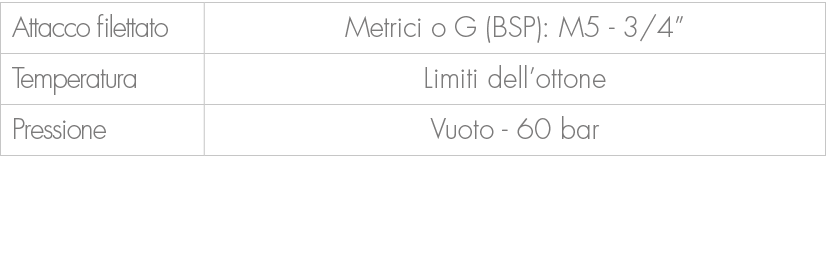 Attacco filettato,Metrici o G (BSP): M5 3/4”,Temperatura,Limiti dell’ottone,Pressione,Vuoto 60 bar 