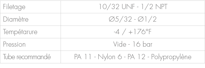 Filetage,10/32 UNF 1/2 NPT,Diam tre, 5/32 1/2,Temp tarure, 4 / +176°F,Pression,Vide 16 bar,Tube recommand ,PA 11 Nyl...