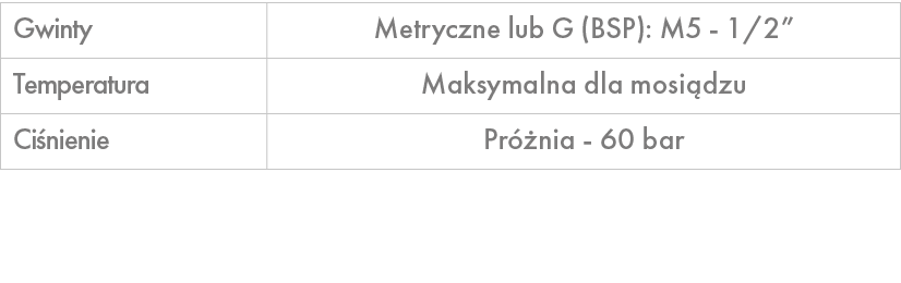 Gwinty,Metryczne lub G (BSP): M5 1/2”,Temperatura,Maksymalna dla mosi dzu,Ci nienie,Pr nia 60 bar 