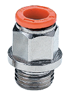 Connettore metallico con filettatura esterna e anello di tenuta arancione sulla parte superiore. Descrizione generata da AI