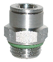 Giunto metallico cilindrico con filettatura esterna e guarnizione verde. Descrizione generata da AI